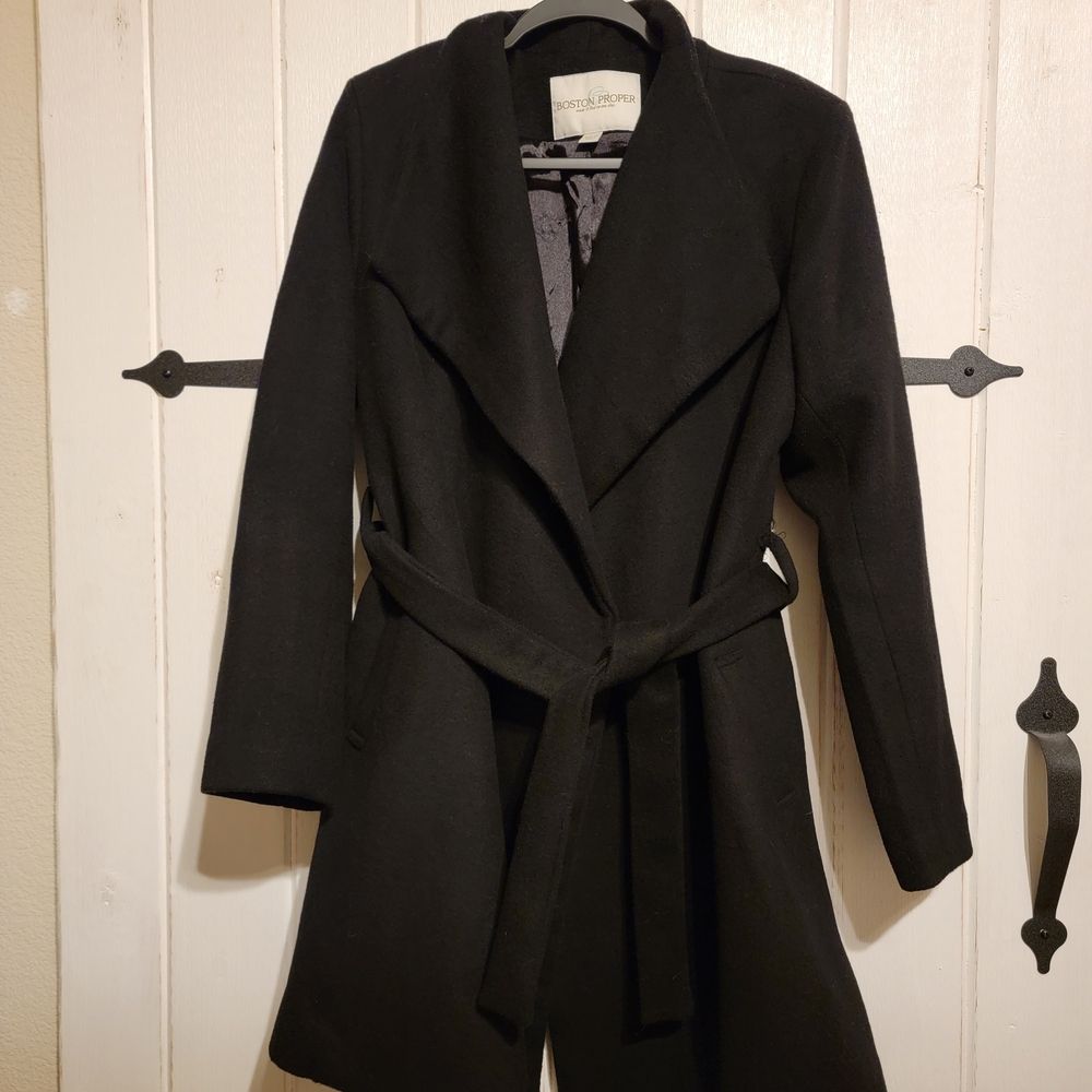 Boston Proper Jacket Wool Black Coat Open Front Belted Trench Size 14